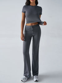 SpringSummer Elegant Solid Color Crew Neck Short Sleeve Top And Pants Set