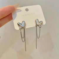 Sterling Silver Needle Long Tassel Love Heart Earrings