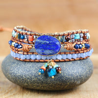 Lapis Lazuli Bezel-Set Hand-Knitted Multi-Layer Wax Cord Bracelet
