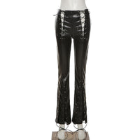 High-waisted Hollow Tie Straight PU Leather Slim Casual Pants