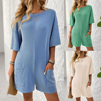Women's Loose Pockets Back V-neck Short-sleeved Jumpsuit