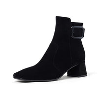 Retro-style Leather Belt Buckle Versatile Square-toe Chunky-heel Ankle Boots