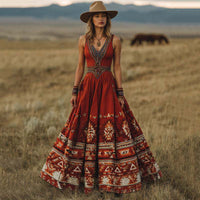 Fashionable Womens Sexy V-Neck Printed Bohemian Dress