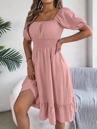 Women's Casual Square Neck Short Sleeve Tie Waist Ruffle A-Line Dress