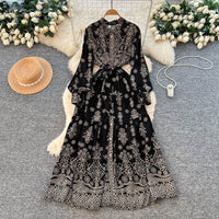 Retro Print Lapel Collar Lace Up Ruffle Hem Dress For Women