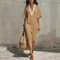 Cross-Border Casual Lazy-Style V-Neck Loose Cropped-Sleeve Dress Linen Texture Relaxed Vacation-Ready