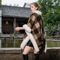 New Plus Size Cloak Hooded Fleece-lined Thickened Fur Shawl Loose Versatile Coat