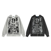 Water-washed Vintage-style Printed Hooded Cardigan Jacket Loose-fit Springautumn Zip-up Jacket