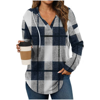 Hooded Pullover V-neck Adjustable Drawstring Casual Plaid Long Sleeve
