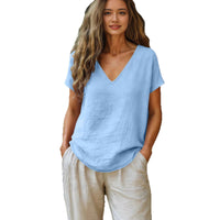 Women's Cotton-Linen Short-Sleeve V-Neck Pullover Top