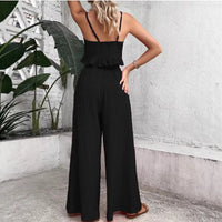 Elegant Solid-color Two-piece Set A V-neck Slip Top With Tie Details And Wide-leg Trousers