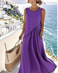 Euro-American Style Crew-Neck Sleeveless Contrasting-Color Loose Slimming Cross-Over Dress