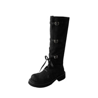 Women's Cowhide Lace-up Motorcycle-style Thigh-high Boots