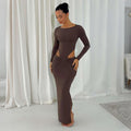 Solid-color Hollow-out Sexy Side-slit Long-sleeve Dress