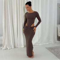 Solid-color Hollow-out Sexy Side-slit Long-sleeve Dress