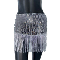 Half-length Tassel Stitching Fishnet Rhinestone Elastic Skirt