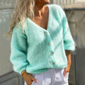 Women's Deep V-neck Solid Color Buttons Cardigan Knitted Sweater Coat