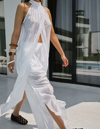 White Tencel Sleeveless Halter Neck Long Vest And Trousers Two-piece Set