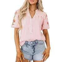 Women's Loose-Fit Fashionable V-Neck Striped Top