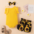 Yellow Sunken Stripe Romper Sunflower Belt Three-piece Set