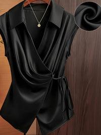 Womens Notched Collar Irregularly Tied Waist Sleeveless Shirt