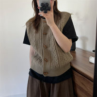 Round Neck Horn Button Knitted Cardigan Vest