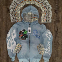 Hooded Cardigan Jacket Embroidered Print Mens Sweatshirt