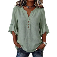 Solid-color V-neck Three-quarter-sleeve Ruffled Casual Cotton-linen Top
