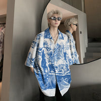 Vacation Style Cuba Bow Tie American Embossed Printed Ice Silk Shirt