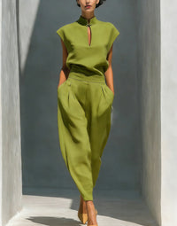 Chinese-style Satin Short-sleeve T-shirt And Pants Set For Women