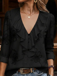 Women's Retro Ruffle-trimmed V-neck Shirt