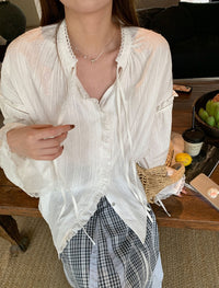 Womens Cotton Lace-Patchwork Ruffle-Trimmed Jacquard Shirt