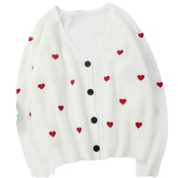 Heart-themed Embroidered Knit Single-Breasted V-Neck Sweater Coat