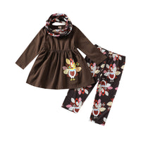 Girls' Turkey Print Top And Trousers Scarf Three-piece Set