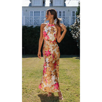 SpringSummer Floral Digital Print Sweet Halter Mid Length Dress