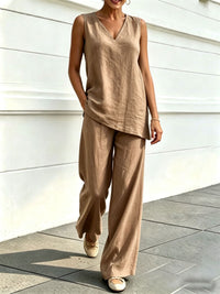 Womens V-neck Sleeveless Cotton-Linen Top And Wide-Leg Pants Set