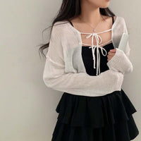 Shawl Tie-front Top Korean Style Solid Color Sweater