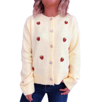 Cute Strawberry Jacquard Knitted Cardigan Round Neck Long Sleeve Sweater