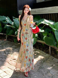 Retro Print Backless V-Neck Halter Dress