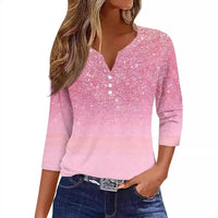 Women's V-neck Three-button 34 Sleeve Solid Color Gradient Floral Top