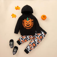 Boys Fashion Pumpkin Letters Printed Hooded Sweatshirt Pants Set