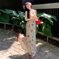 Retro Print Backless V-Neck Halter Dress