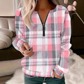 Womens Autumn Winter Printed Plaid Half-Zip Hoodie