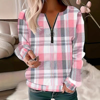 Womens Autumn Winter Printed Plaid Half-Zip Hoodie
