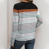Color-block Striped Long-sleeve T-shirt Casual Top For Women