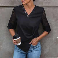 T-Shirt With Buttons And V-Neck Lace-Patchwork Long-Sleeve Knitted Top