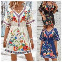 Bohemian Retro Ethnic Print Temperament Waist-controlled Slimming And Short Holiday Dress