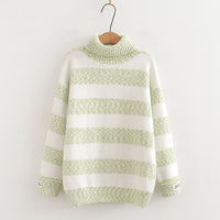 Japanese Style Half Turtleneck Pullover Long Sleeve Knitted Sweater Striped Contrast Color Ladies
