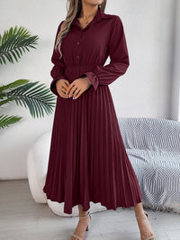 Women's Casual Lapel Button Long Sleeve Tie Waist Pleated Maxi Dress