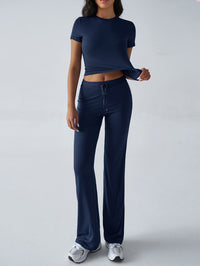 SpringSummer Elegant Solid Color Crew Neck Short Sleeve Top And Pants Set